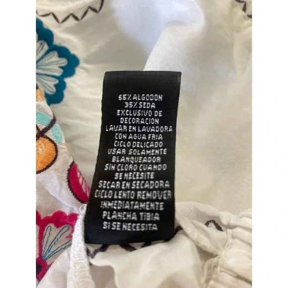 Embroidered Floral Peasant Blouse Top NICOLE Miller Sz Large White Silk/Cotton - Picture 8 of 16